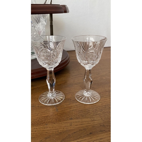 63 - Heavy Crystal Vase with 2 Sherry Glasses on Wooden Stand