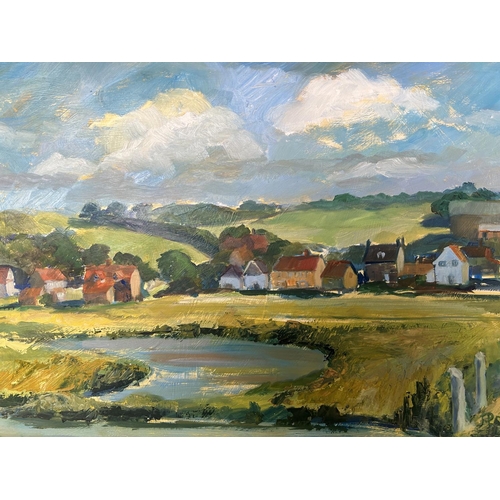 60 - Jane Pollock Oil on Board Painting of 'Salthouse (Norfolk) From the Marshes (73 x 52cm)