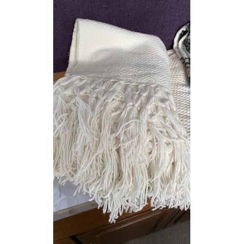 107 - Vintage White Crocheted Fringed Triangle and Very Large Rectangular Shawls and Tri-Colored Striped S... 