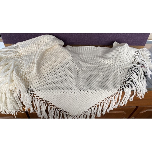 107 - Vintage White Crocheted Fringed Triangle and Very Large Rectangular Shawls and Tri-Colored Striped S... 