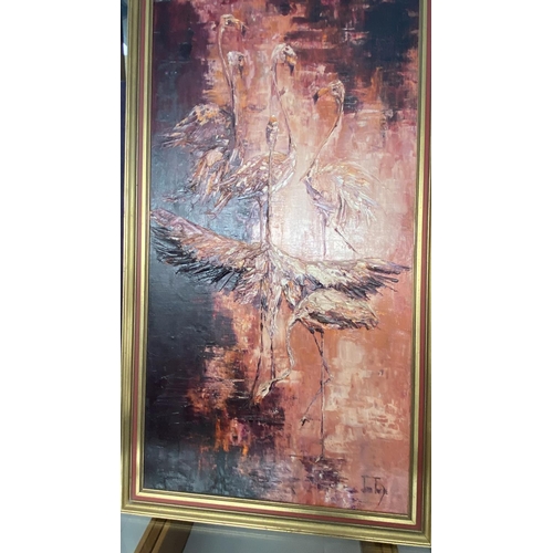 53 - 'Jean Twede' Oil and Gypsum on Canvas Large Flamingo Painting (69 x 130cm)