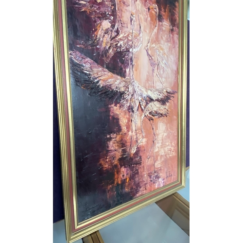 53 - 'Jean Twede' Oil and Gypsum on Canvas Large Flamingo Painting (69 x 130cm)