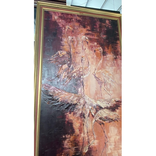 53 - 'Jean Twede' Oil and Gypsum on Canvas Large Flamingo Painting (69 x 130cm)