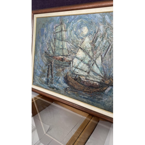 54 - 'Kyoko '64' Oriental Oil on Canvas Sailing Ships Depicting Painting (88 x 73cm)