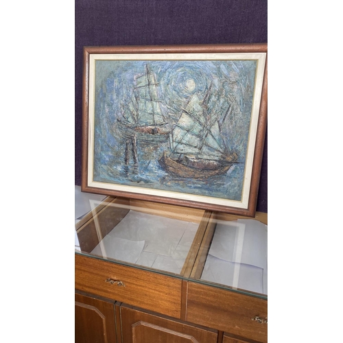 54 - 'Kyoko '64' Oriental Oil on Canvas Sailing Ships Depicting Painting (88 x 73cm)