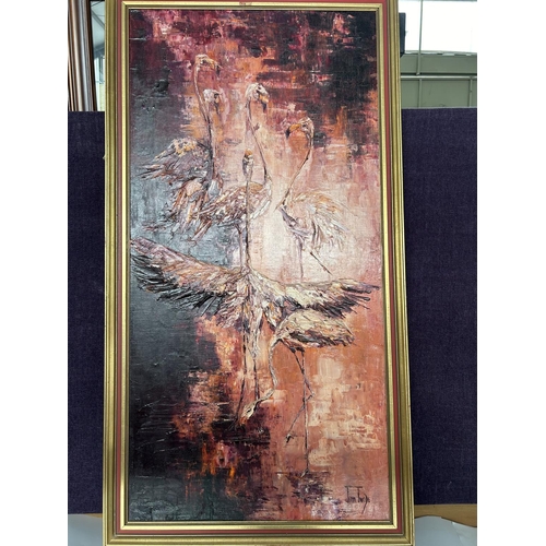 53 - 'Jean Twede' Oil and Gypsum on Canvas Large Flamingo Painting (69 x 130cm)