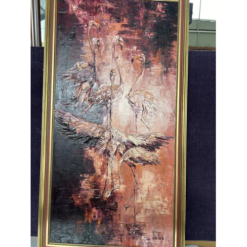 53 - 'Jean Twede' Oil and Gypsum on Canvas Large Flamingo Painting (69 x 130cm)