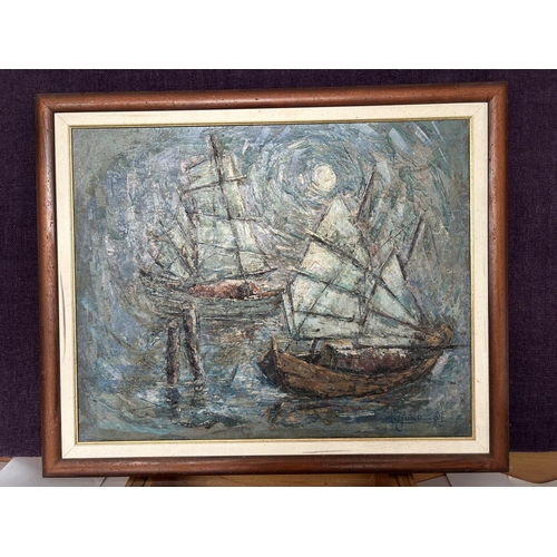 54 - 'Kyoko '64' Oriental Oil on Canvas Sailing Ships Depicting Painting (88 x 73cm)