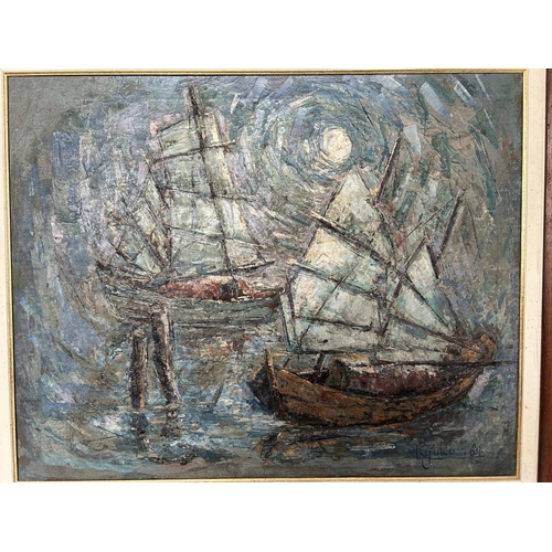 54 - 'Kyoko '64' Oriental Oil on Canvas Sailing Ships Depicting Painting (88 x 73cm)