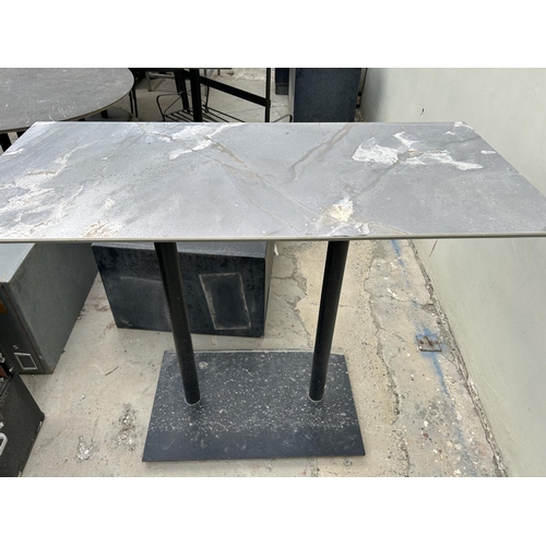 13 - Metal Twin Pedestal Marble Top High Table (Some Wear on Top - 130 W. x 60 D. x 105cm H.)