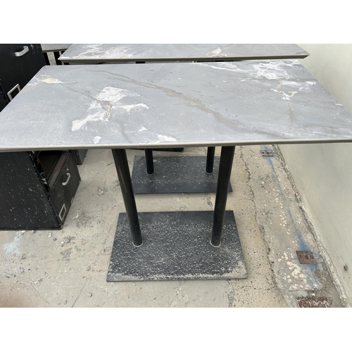 14 - Metal Twin Pedestal Marble Top Like High Table (Some Wear on Top - 120 W. x 65 D. x 105cm H.)