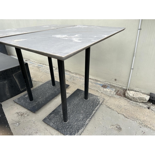 14 - Metal Twin Pedestal Marble Top Like High Table (Some Wear on Top - 120 W. x 65 D. x 105cm H.)