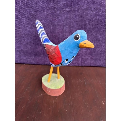 132 - Carved Wood Hand Painted Bird Figure Artwork (18 x 22cm)