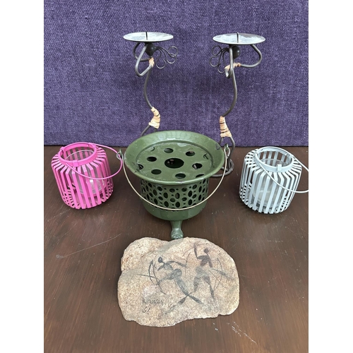 259 - Collection of 5 Metal Candle Holders Together with Hand Painted South African Khoison Art