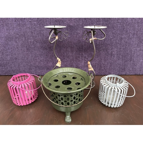 259 - Collection of 5 Metal Candle Holders Together with Hand Painted South African Khoison Art