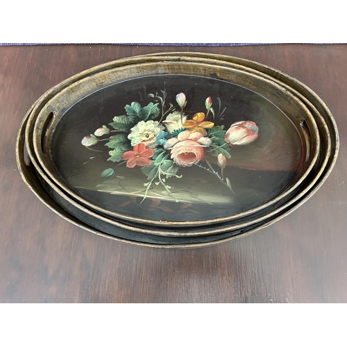 36 - Set of 3 Vintage Oval Hand Painted Bamboo Trays with Still Life Depiction (Largest 48 W. x 43cm D.)