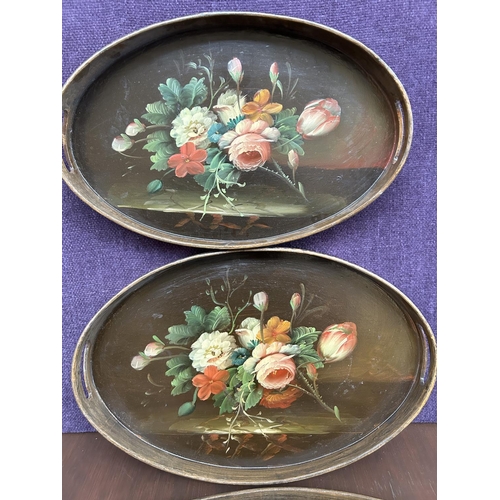 36 - Set of 3 Vintage Oval Hand Painted Bamboo Trays with Still Life Depiction (Largest 48 W. x 43cm D.)