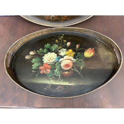 36 - Set of 3 Vintage Oval Hand Painted Bamboo Trays with Still Life Depiction (Largest 48 W. x 43cm D.)