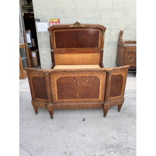 198 - French Louis XV Style Bow Fronted Queen Size Bed with Marquetry Inlay and Ormolu Mounts From 19th Ce... 