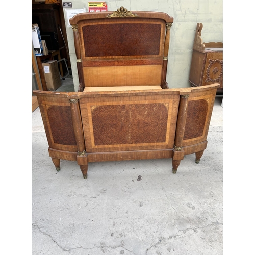 198 - French Louis XV Style Bow Fronted Queen Size Bed with Marquetry Inlay and Ormolu Mounts From 19th Ce... 