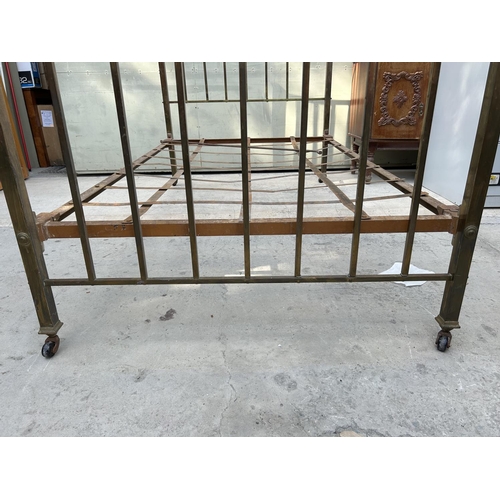 199 - Art Deco Brass Large Single Bed Styling Design Frame with Original Castors in Good Vintage Condition... 