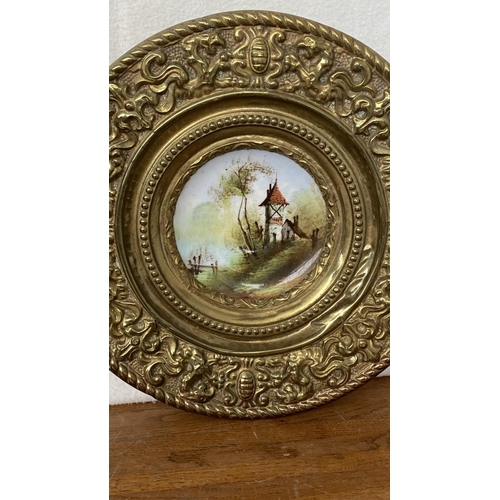 80 - x2 Antique French Gilt Brass Repousse Framed Hand Painted Plates French Country House Scenes, Lightw... 