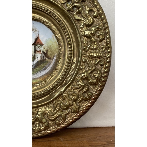 80 - x2 Antique French Gilt Brass Repousse Framed Hand Painted Plates French Country House Scenes, Lightw... 