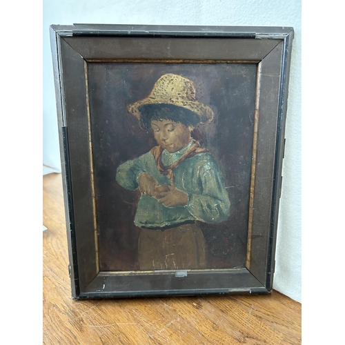 85 - Antique 1800's Oil Painting Depicting Young Boy (25 x 31cm)