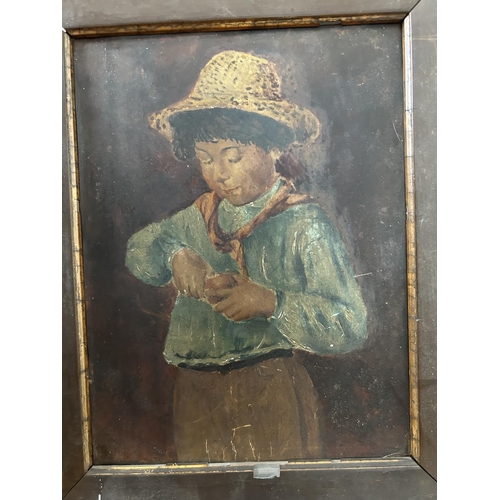 85 - Antique 1800's Oil Painting Depicting Young Boy (25 x 31cm)