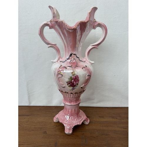 391 - Large Vintage Pink Lusterware Amphora Vase