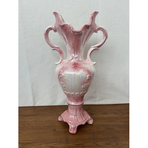 391 - Large Vintage Pink Lusterware Amphora Vase