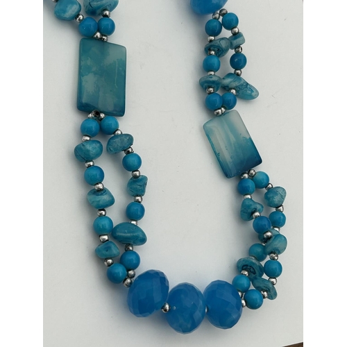 396 - x2 Vintage Handmade Blue Tone Beads Necklaces