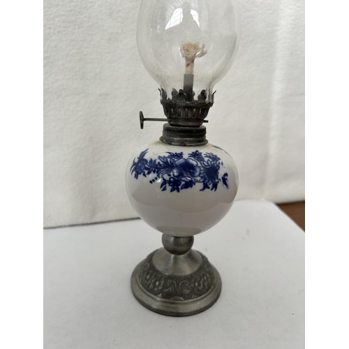 7 - Small Vintage Delft Like Blue and White Porcelain Oil Lamp with Metal Base