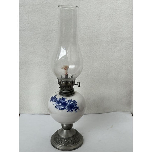 7 - Small Vintage Delft Like Blue and White Porcelain Oil Lamp with Metal Base