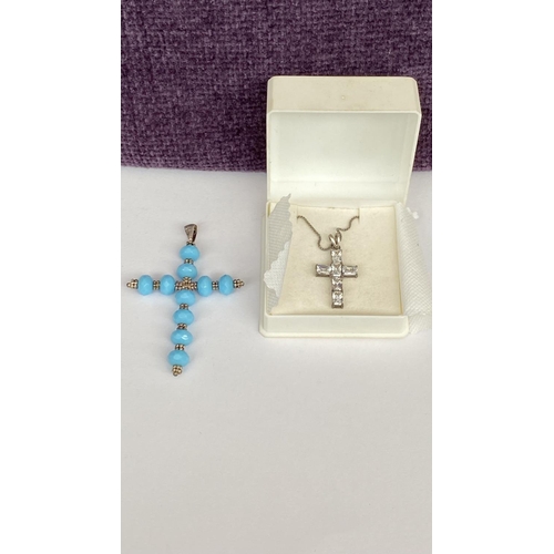 491 - x2 Silver 925 Cross Pendant with Swarovski Crystals and Large 7cm Hand Made Cross with Light Blue St... 