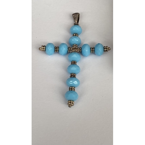 491 - x2 Silver 925 Cross Pendant with Swarovski Crystals and Large 7cm Hand Made Cross with Light Blue St... 