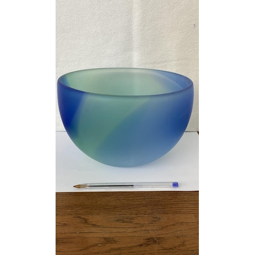 369 - Large Heavy Two Tone Blue and Green Danish Style Frosted Glass Bowl