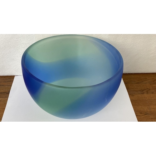 369 - Large Heavy Two Tone Blue and Green Danish Style Frosted Glass Bowl