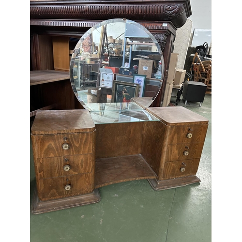 478 - Retro Art Deco Wooden Dressing Table with 6 Drawers and Round Mirror