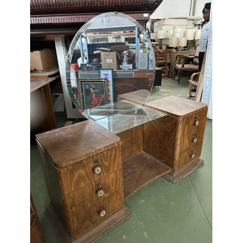 478 - Retro Art Deco Wooden Dressing Table with 6 Drawers and Round Mirror