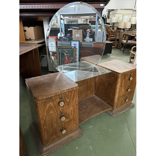 478 - Retro Art Deco Wooden Dressing Table with 6 Drawers and Round Mirror