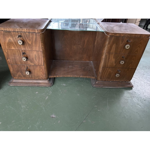 478 - Retro Art Deco Wooden Dressing Table with 6 Drawers and Round Mirror