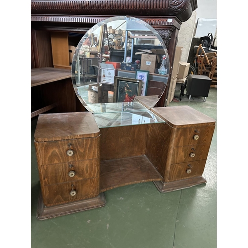 478 - Retro Art Deco Wooden Dressing Table with 6 Drawers and Round Mirror