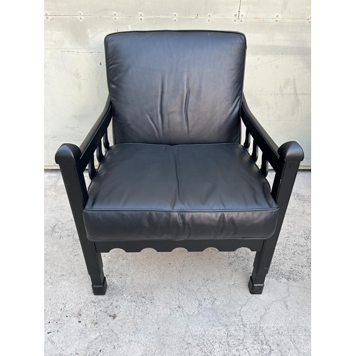 550 - Vintage 1980's Wooden Armchair Upholstered in Black Leather