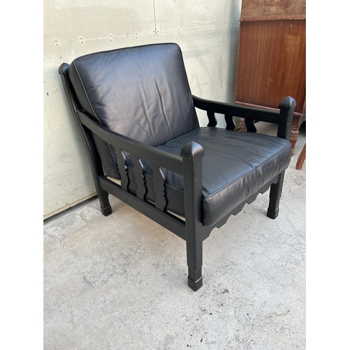 550 - Vintage 1980's Wooden Armchair Upholstered in Black Leather