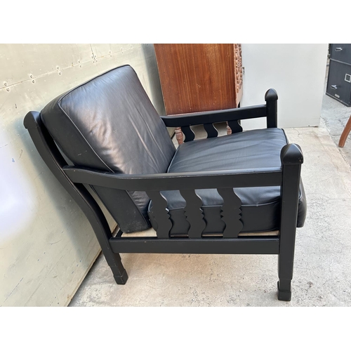 550 - Vintage 1980's Wooden Armchair Upholstered in Black Leather