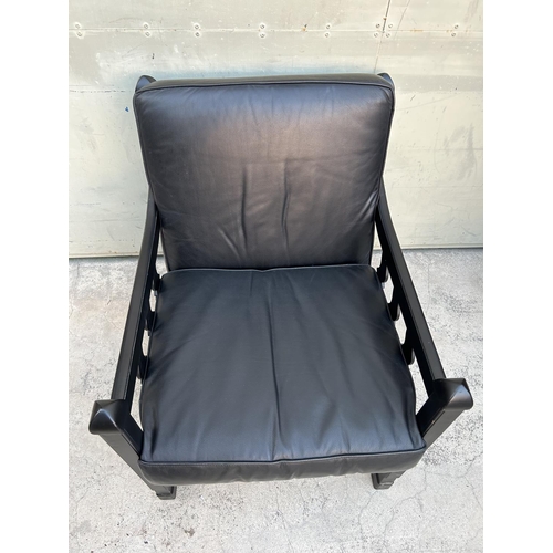 550 - Vintage 1980's Wooden Armchair Upholstered in Black Leather