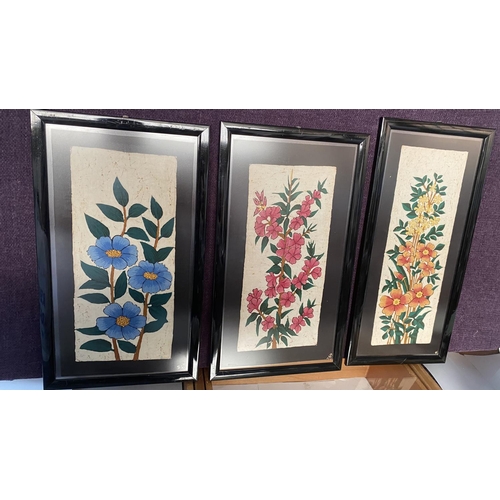 555 - x3 Two Sided Silk Batik Hand Painted Artworks in Frame (x1 Front Glass Crack on x1 Side)