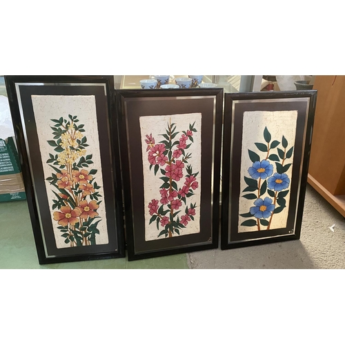 555 - x3 Two Sided Silk Batik Hand Painted Artworks in Frame (x1 Front Glass Crack on x1 Side)