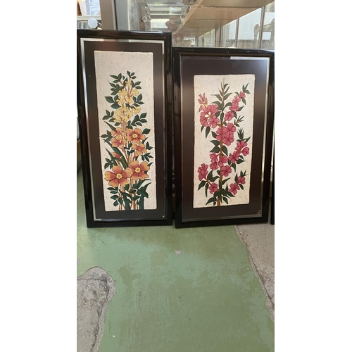 555 - x3 Two Sided Silk Batik Hand Painted Artworks in Frame (x1 Front Glass Crack on x1 Side)